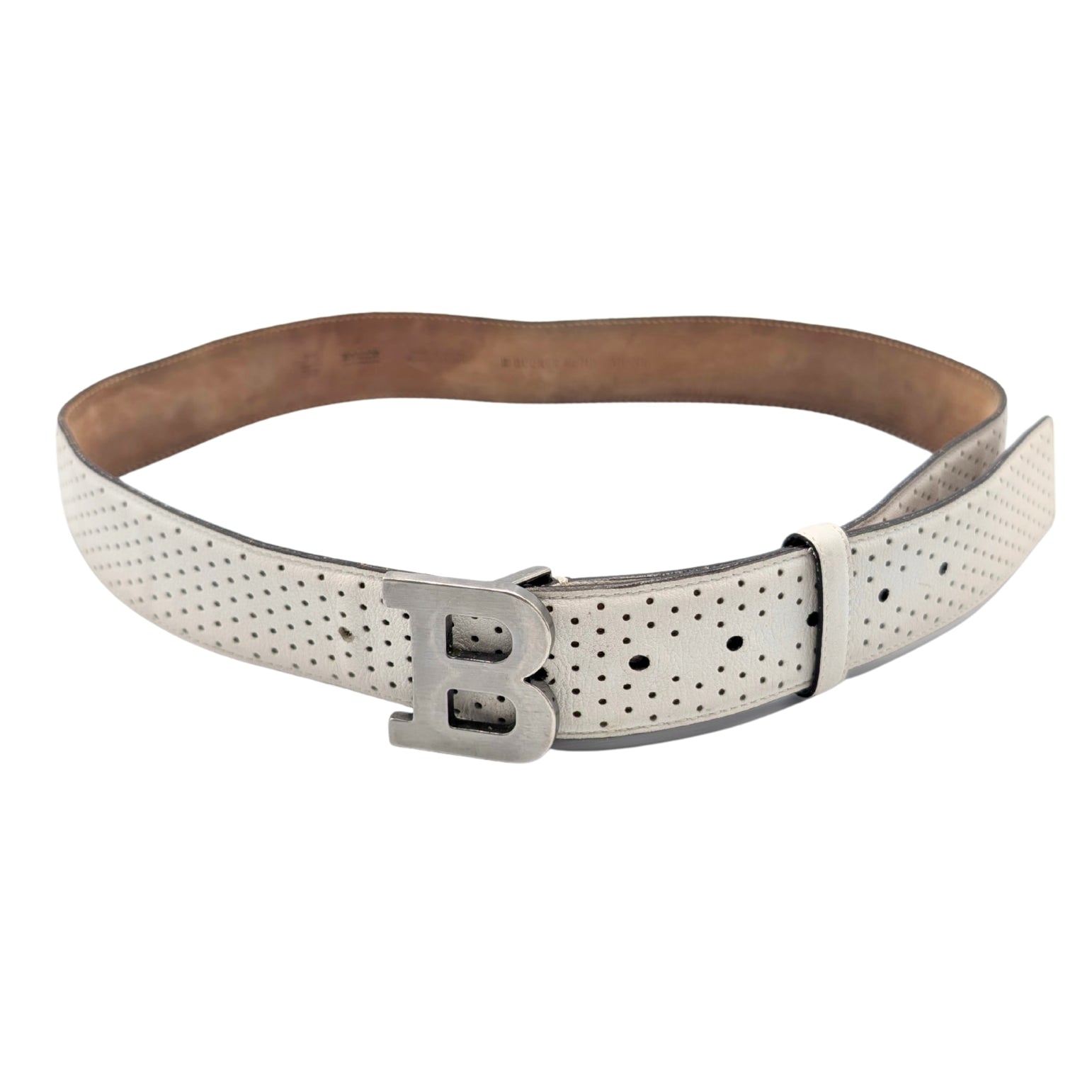 Bally White Perforated Leather B Buckle Belt Men Size 95/38